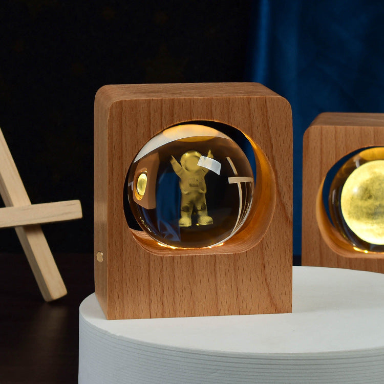 Beech Crystal Ball Night Light 3D Laser Engraving Elk Jellyfish LED Nightlights